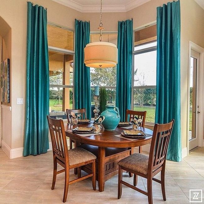 Teal Curtains, Wooden Dining Grace