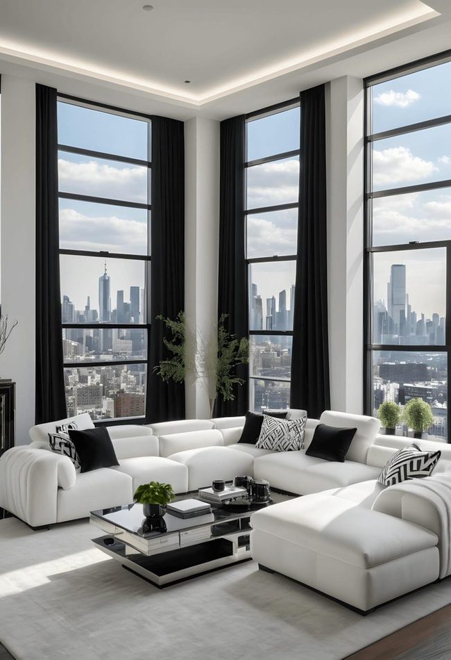Black Drapes White Sofas Silver Accents