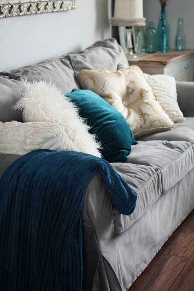 Gray Couch Blue Gold Pillows