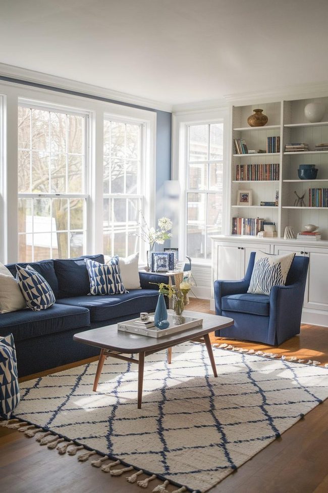 Navy Blue Sofa with White Pattern Mix