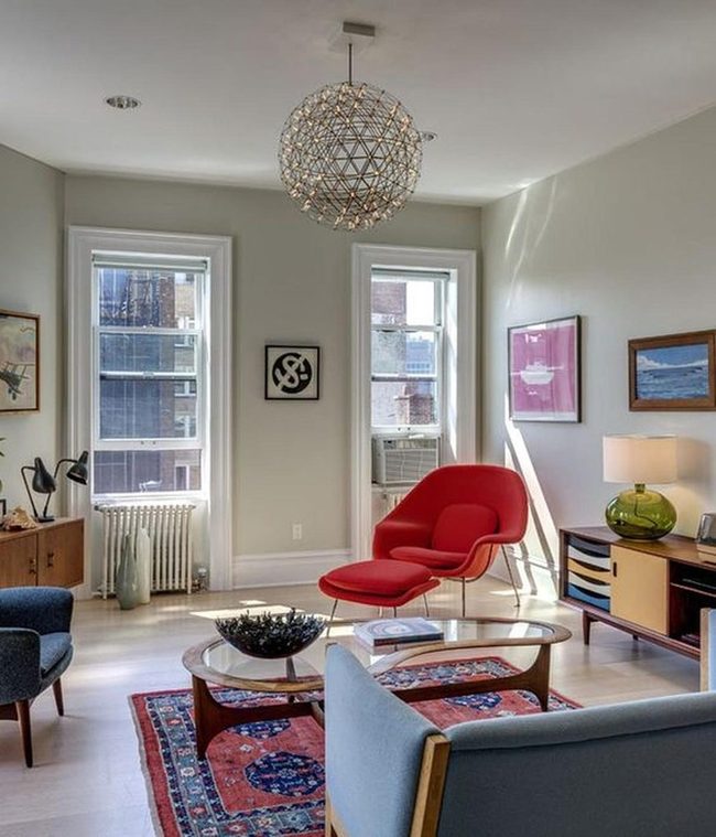 Red Upholstery Meets Mid-Century Calm
