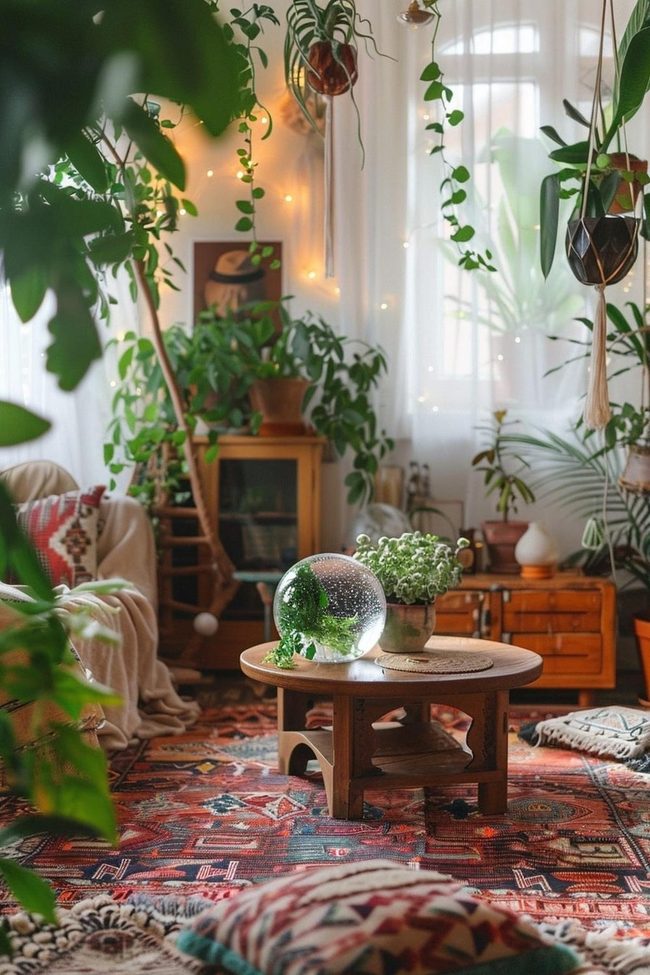 Plants Crystal Ball Wooden Table