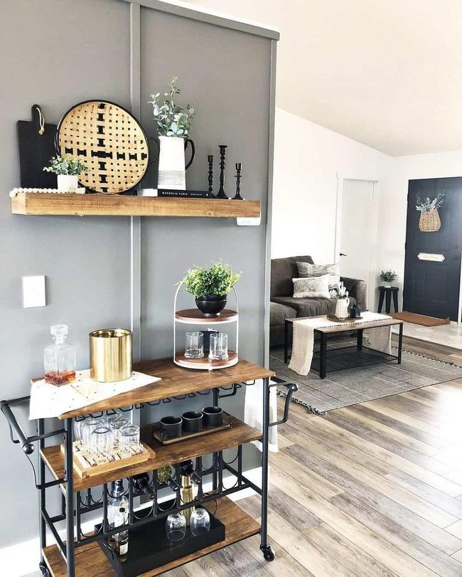 Black Wood Bar Cart With Fresh Greenery