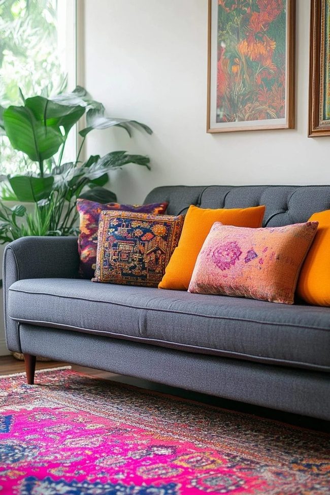 Grey Sofa Frames Colorful Art Collection