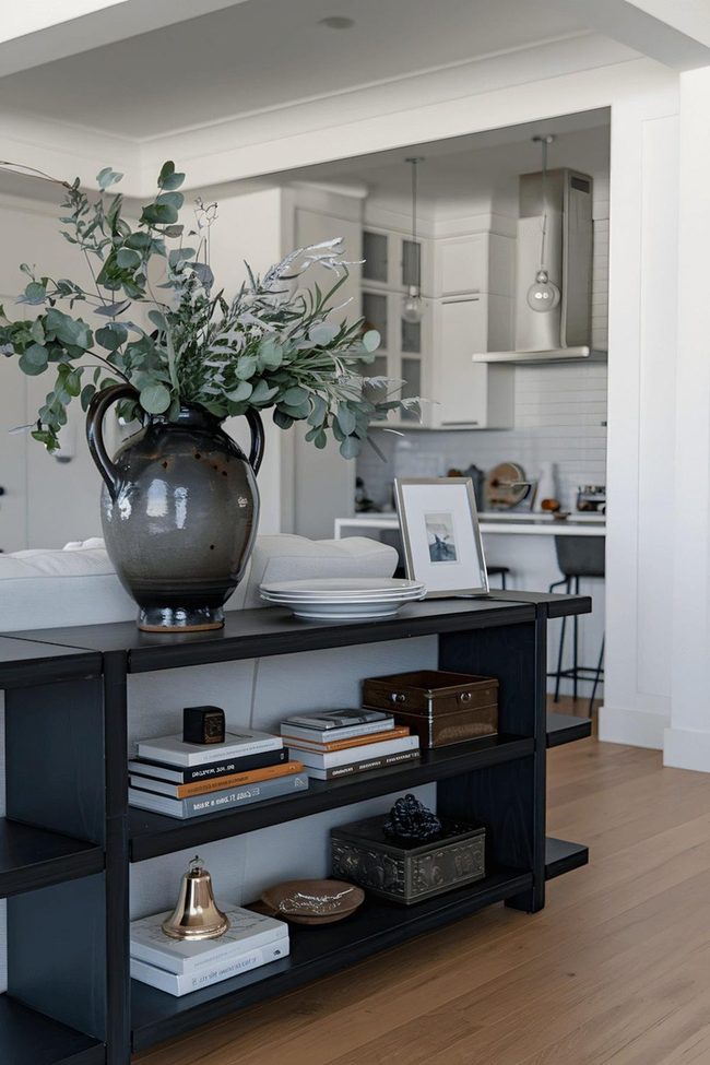 Dark Walnut Console Table Anchors Open Living Space
