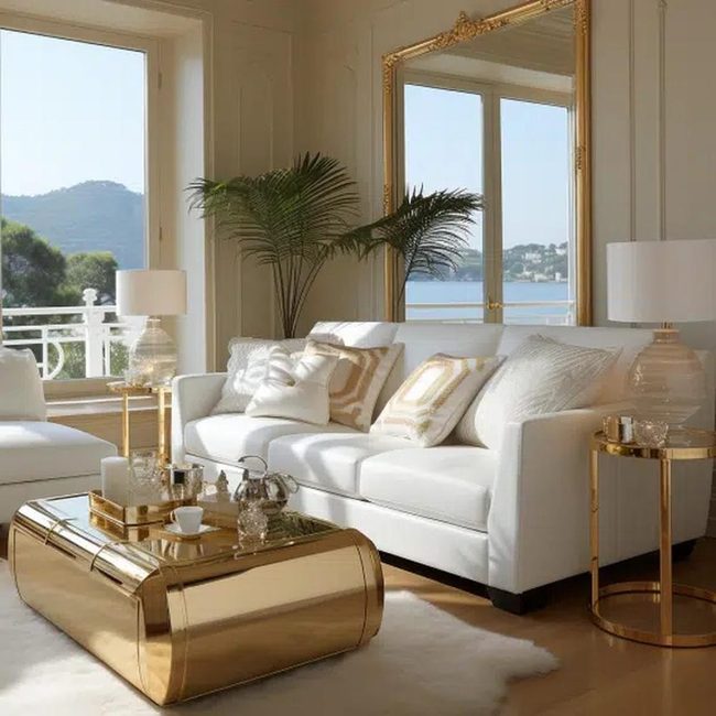 Gold Accents White Leather Living