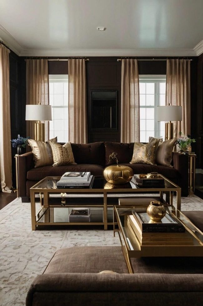 Dark Brown Couch, Golden Chrome Features