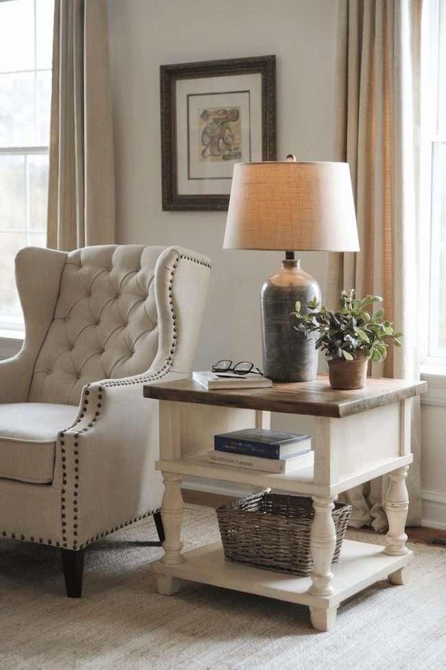 Natural Wood Side Table With Soft Beige Accents