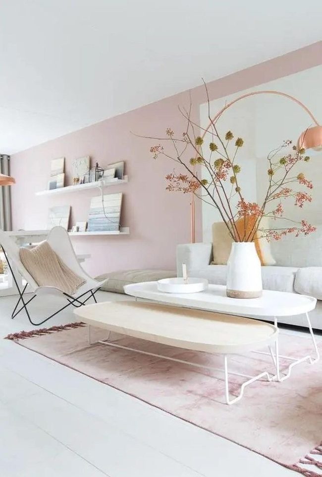 Pink Walls, Mirror, White Sofa
