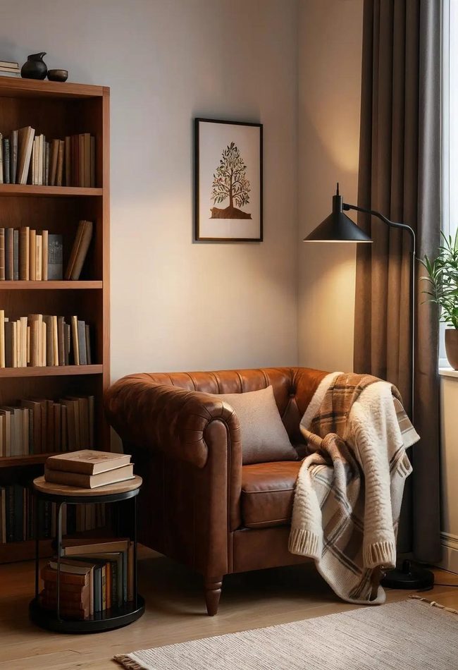 Brown Leather Reading Corner Setup