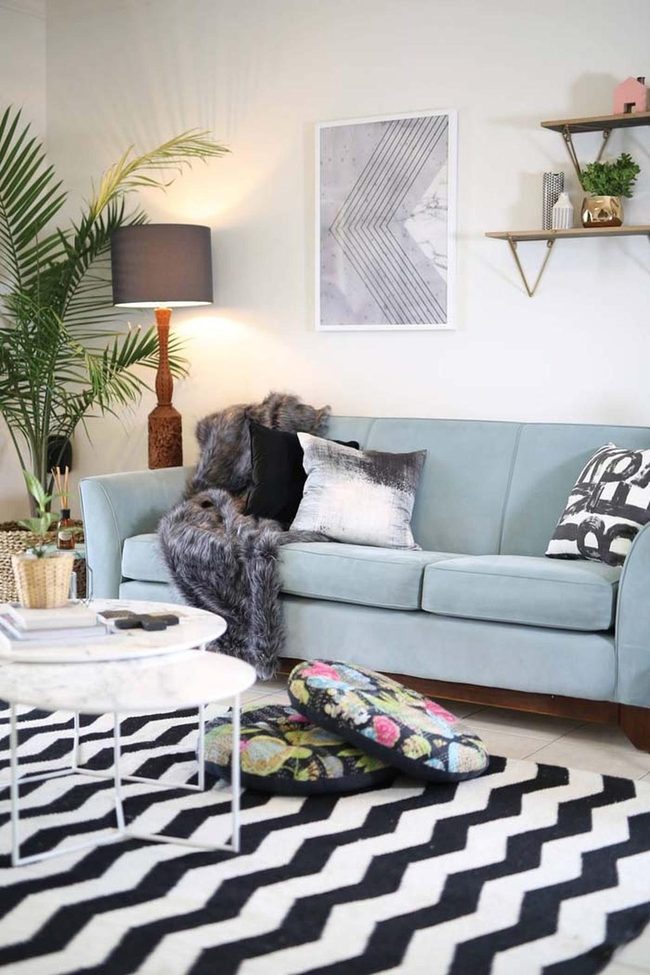 Soft Blue Sofa With Geometric Pop