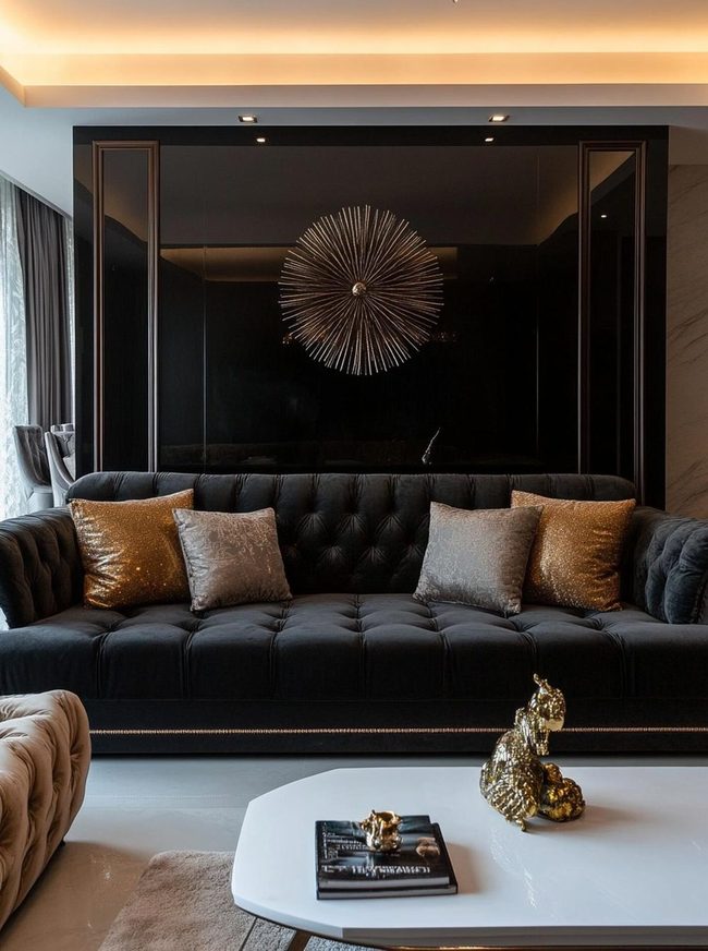 Dark Gray Sofa White Walls Contrast