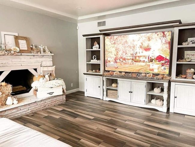 White Farmhouse Tv Wall With Stone Fireplace