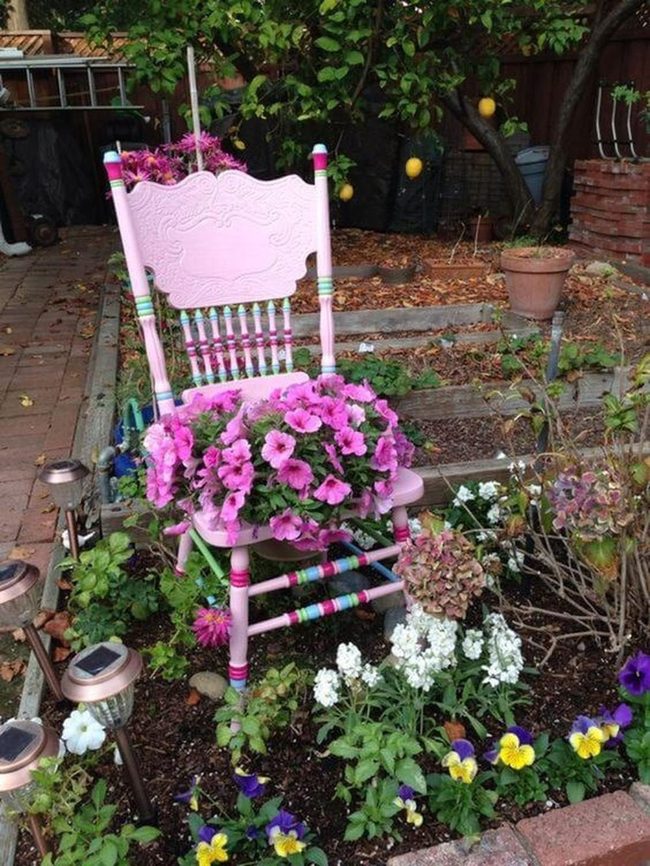 Pink Striped Chair Blooming Garden