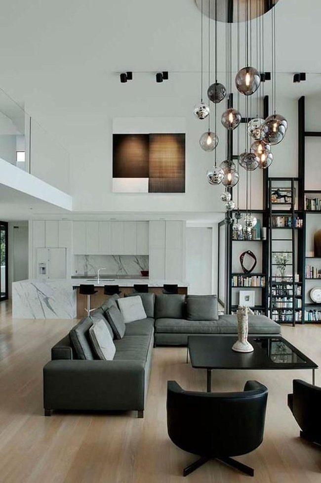 Glass Pendants Over Gray Sectional