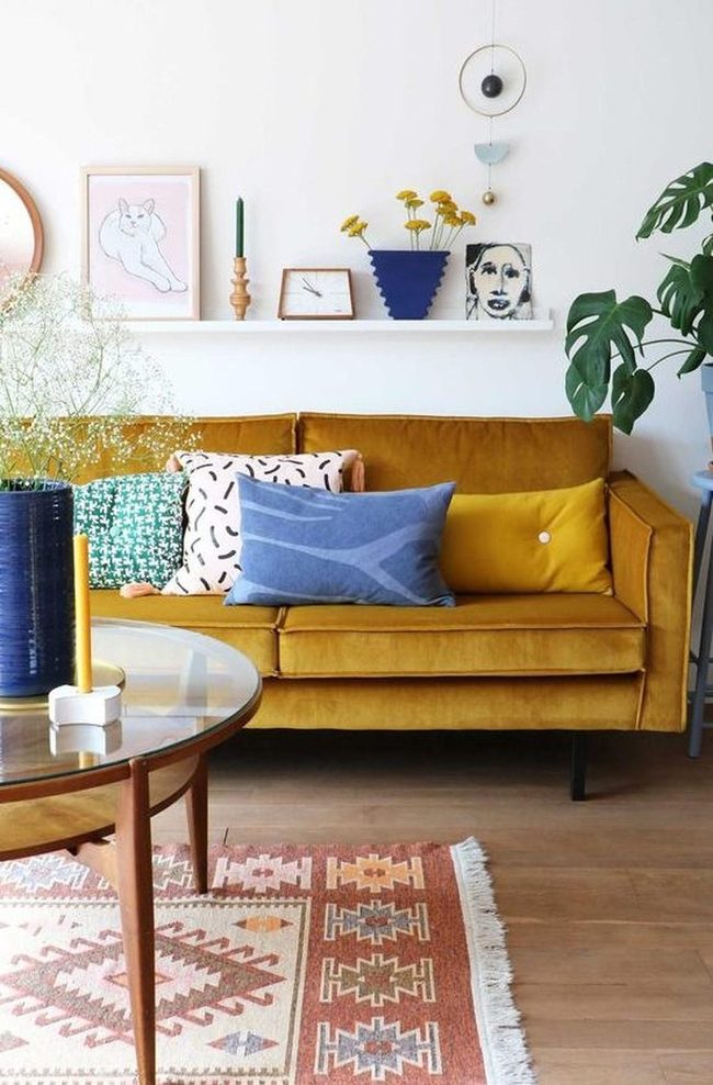 Bright Yellow Seating With Patterned Pillows