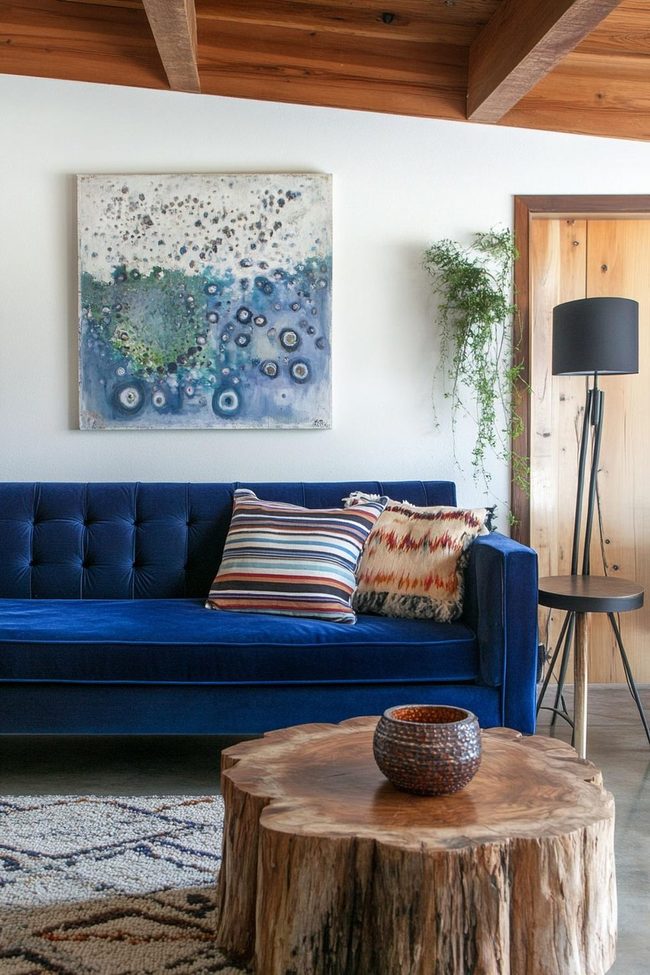 Blue Velvet Sofa Meets Raw Wood