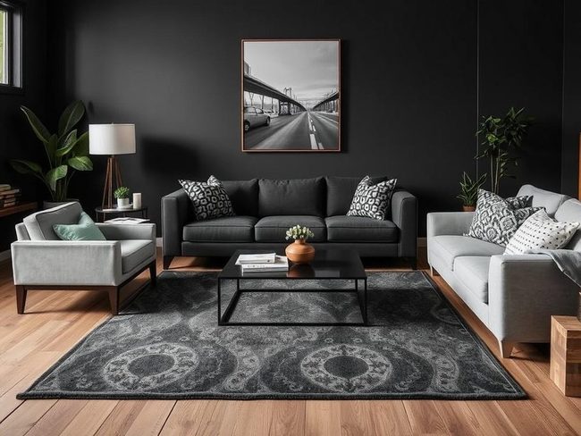 Stacked Rugs Define Dark Rooms