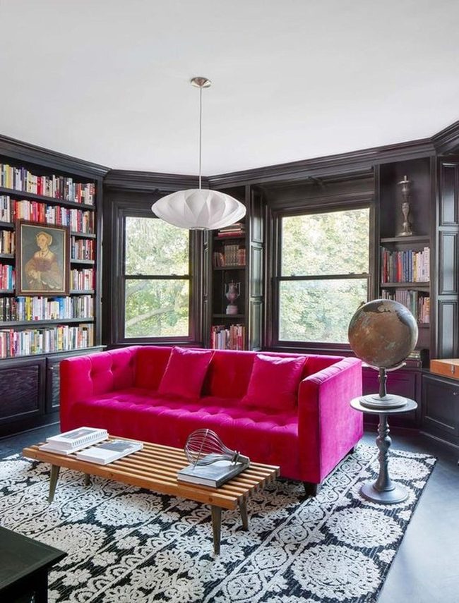 Pink Sofa Meets Packed Bookshelves