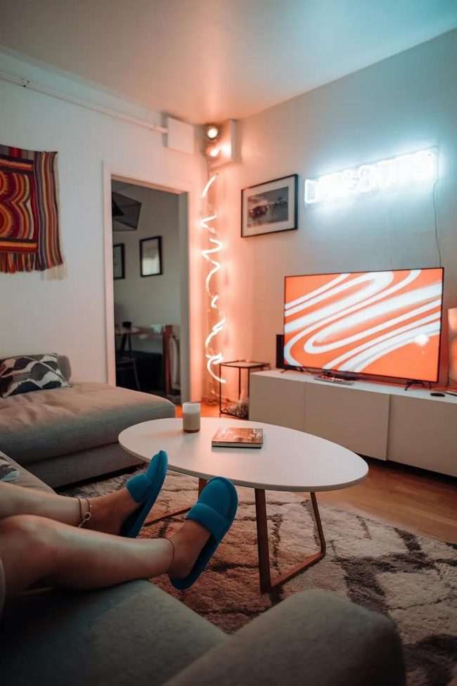 Blue Slippers And Neon Glow Living Room