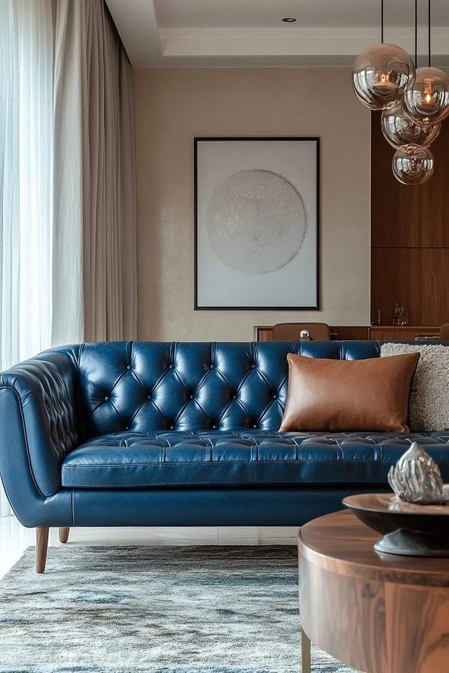 Deep Blue Leather Statement Sofa