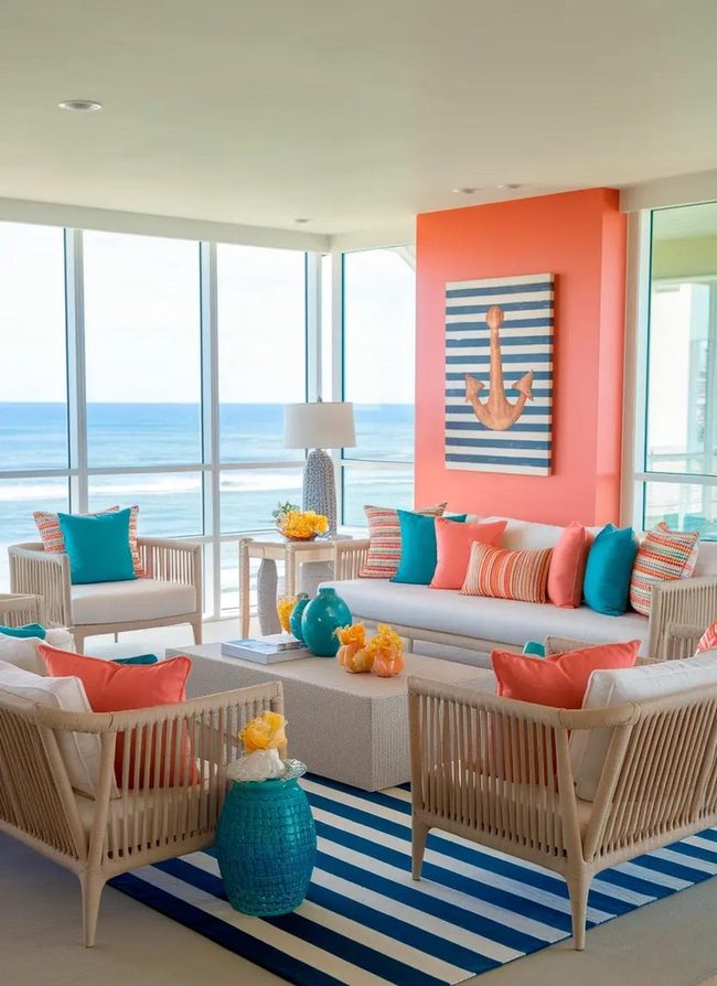 Coral Yellow Turquoise Striped Nautical