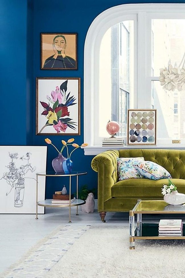 Blue Walls, Green Velvet, Yellow Tulips