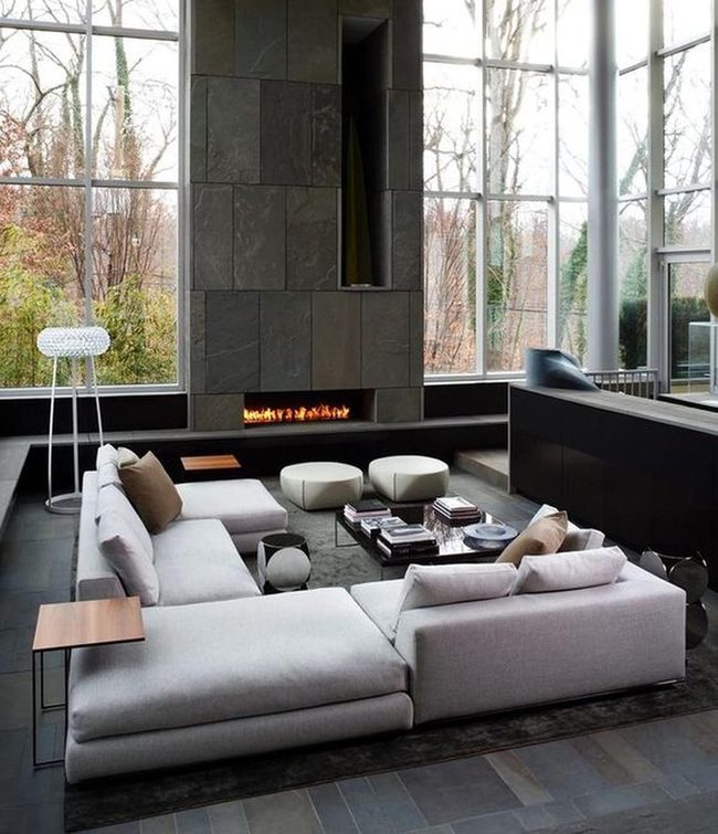 Gray Stone Fireplace With Forest Views