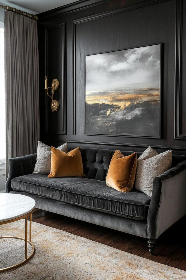 Dark Gray Sofa With Brass Accents