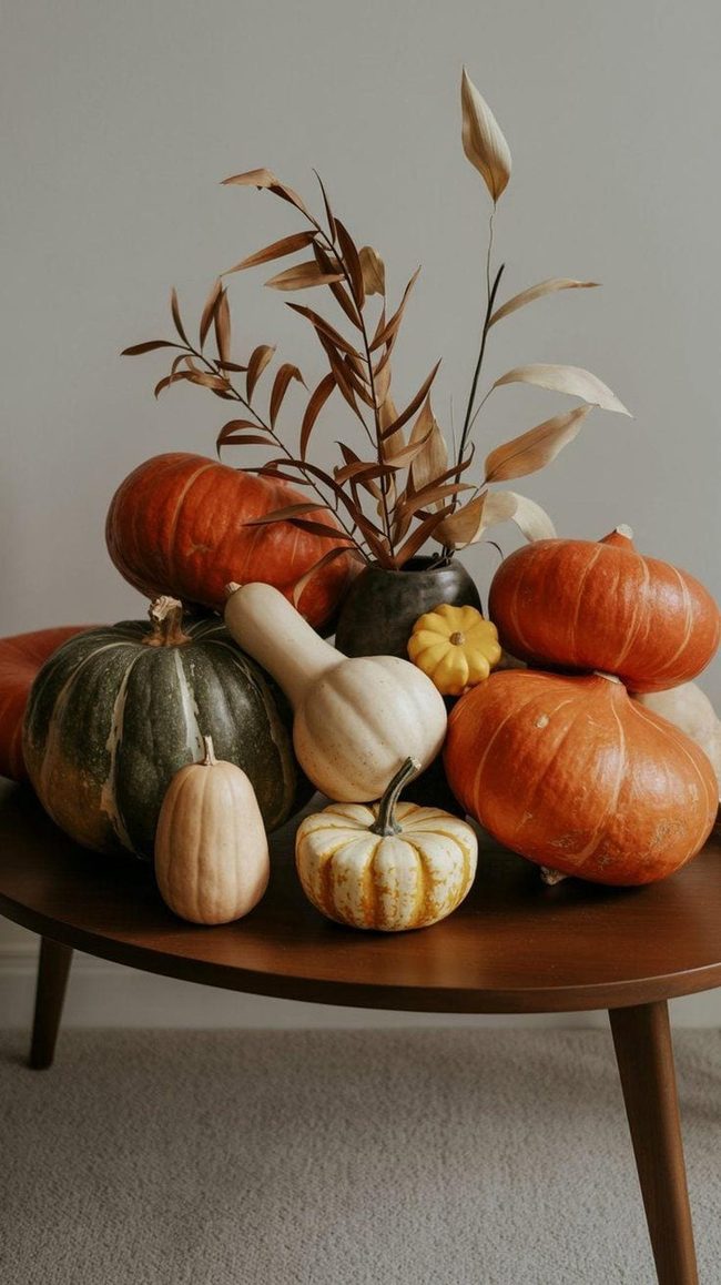 Orange Pumpkins White Gourds Table