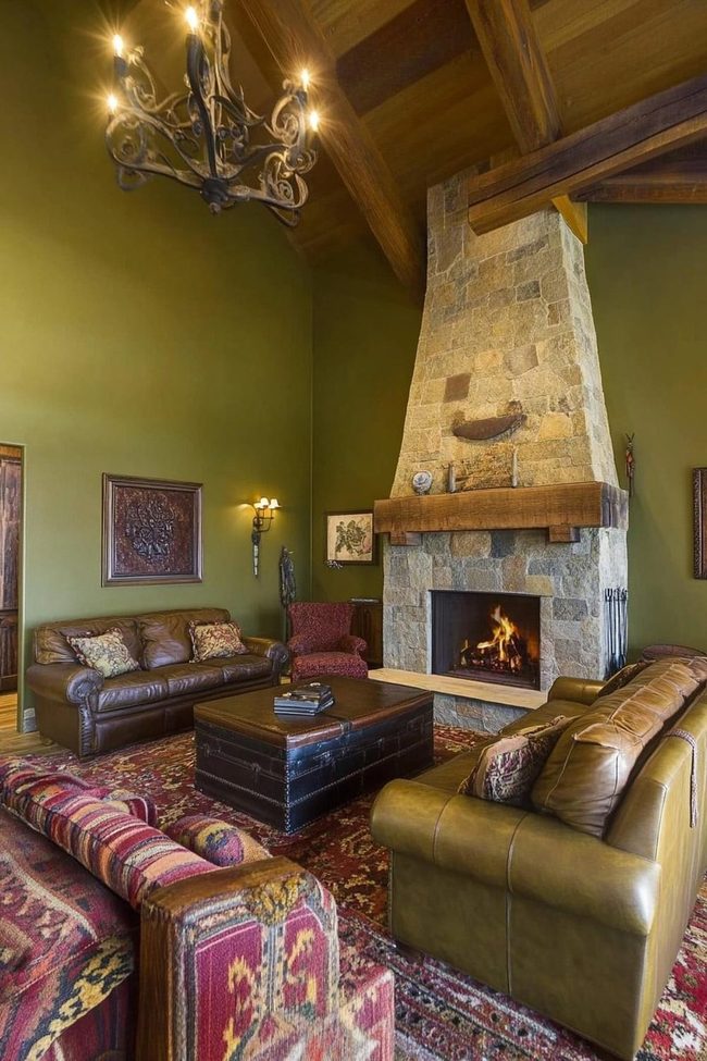 Olive Green Walls Stone Fireplace
