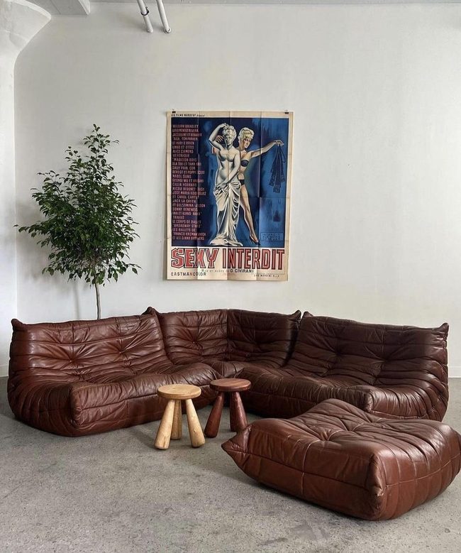 Cognac Leather Sectional With Gathered Tufting