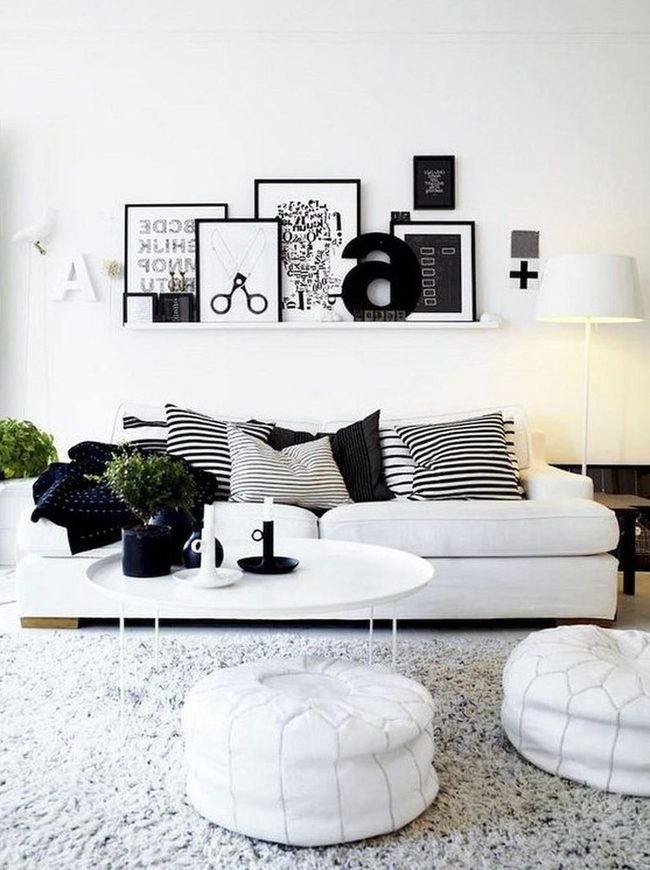 Black Striped Pillows, White Minimalist Living