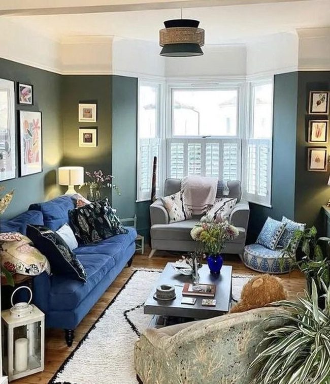 Bold Blue Sofa Green Wall Living Room