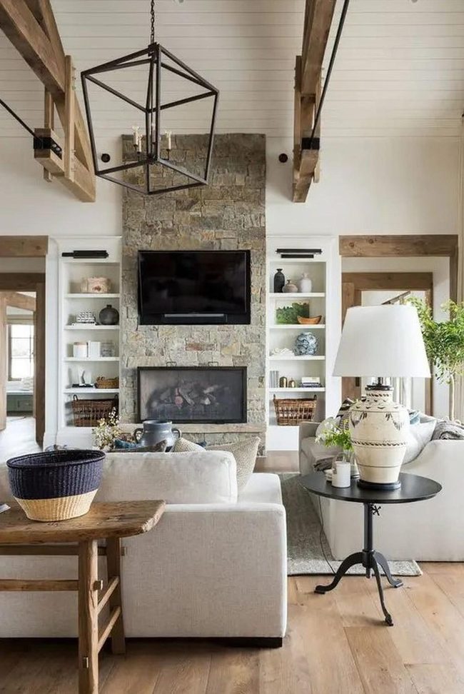 Stone Fireplace With Natural Wood Beams