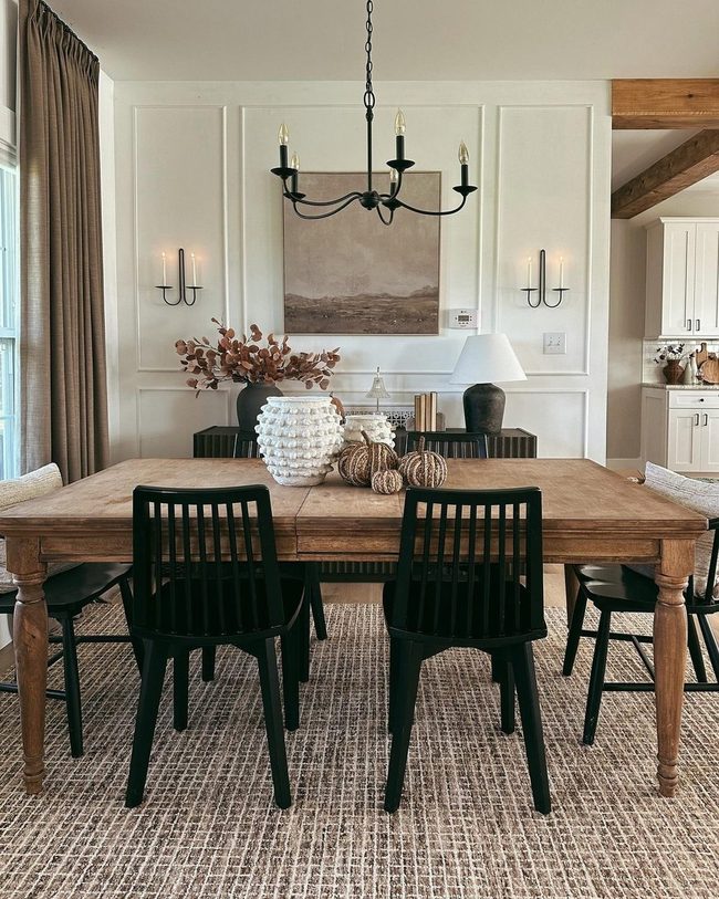 Rich Wood Table Black Chairs