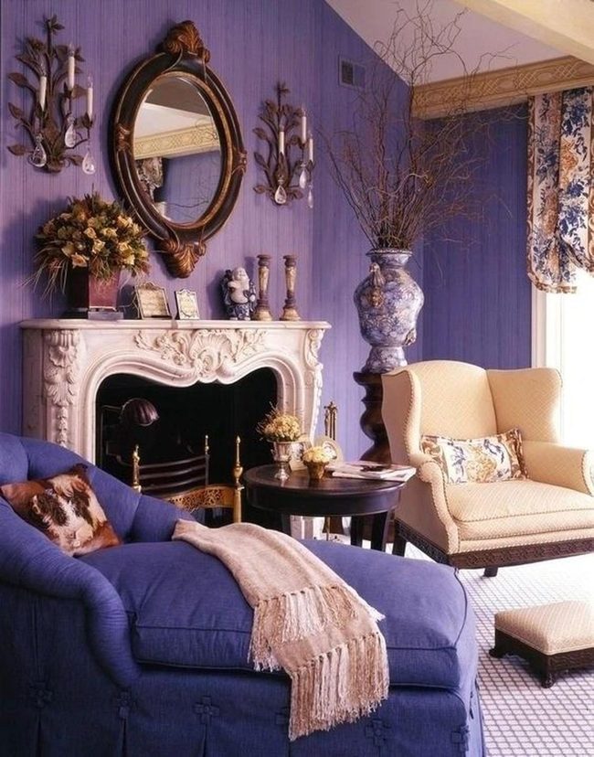 White Fireplace Purple Walls Living Room