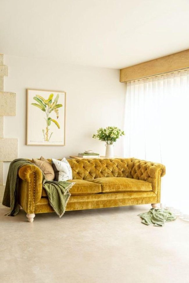 Gold Velvet Sofa In Sunlit Parlor