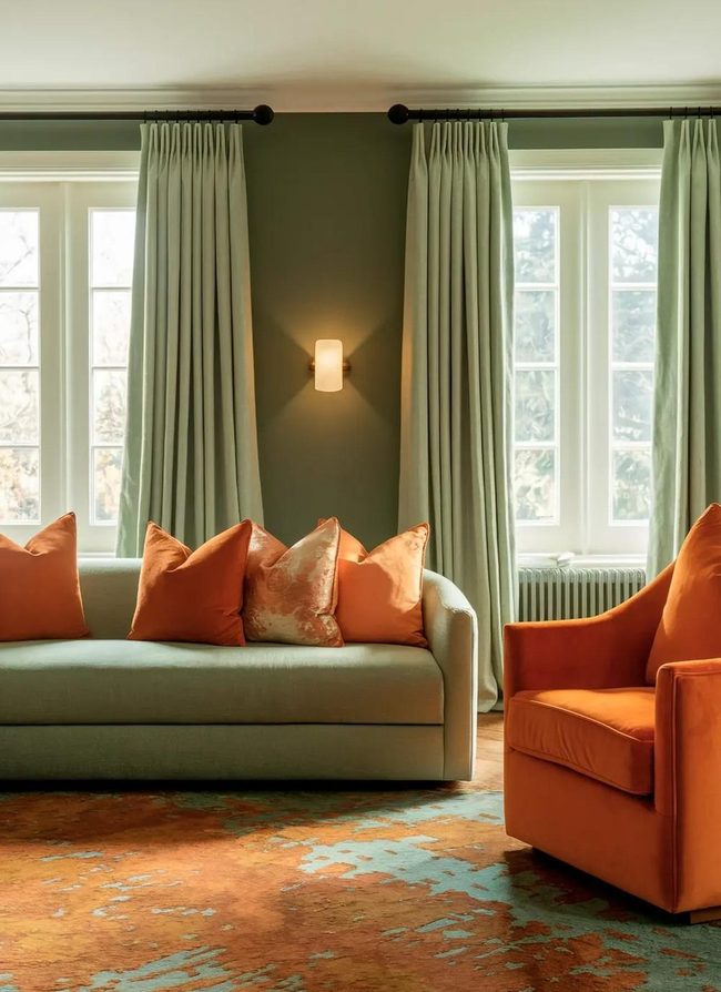 Orange Throws Meet Sage Walls