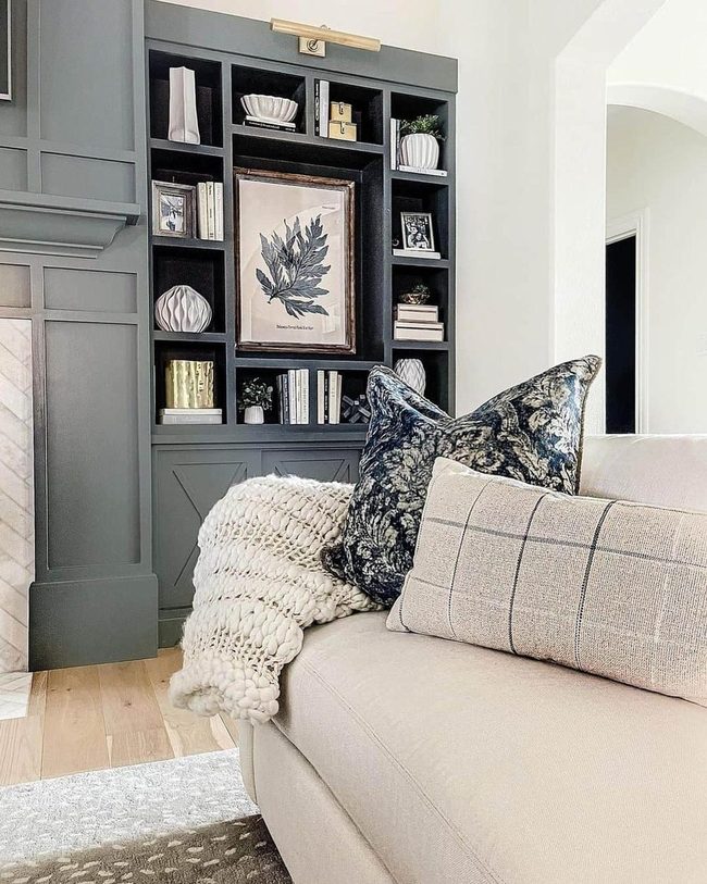 Cream Couch, Charcoal Shelves, Blue
