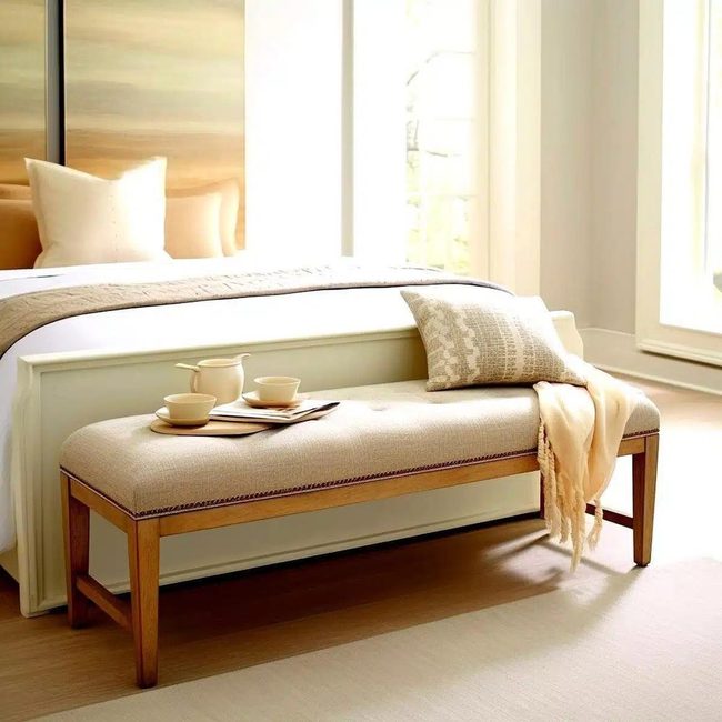 Neutral Upholstered Bench Rustic Timber Legs
