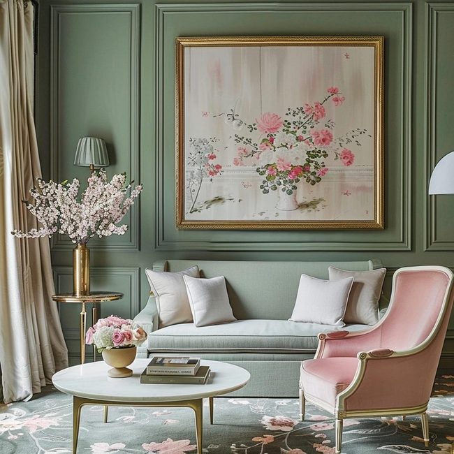 Gentle Green Pink Velvet Living Room