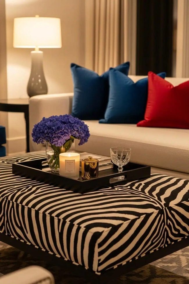 Zebra Print Ottoman Cream Sofa Combo