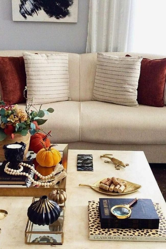 Earthy Pillows and Pumpkin Arrangements