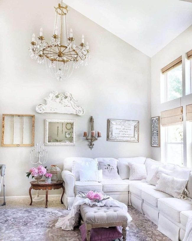 Gold Chandelier White Sofa Elegance