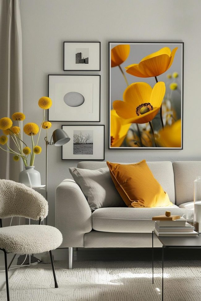 Yellow Artwork Stars Against Gray Walls