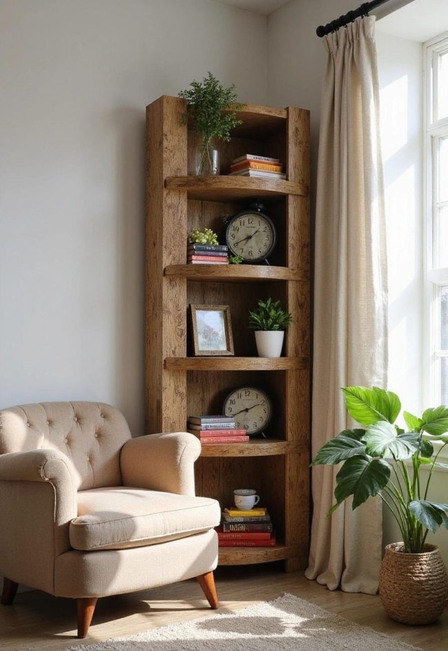 Weathered Oak Corner Shelves, Maximum Storage