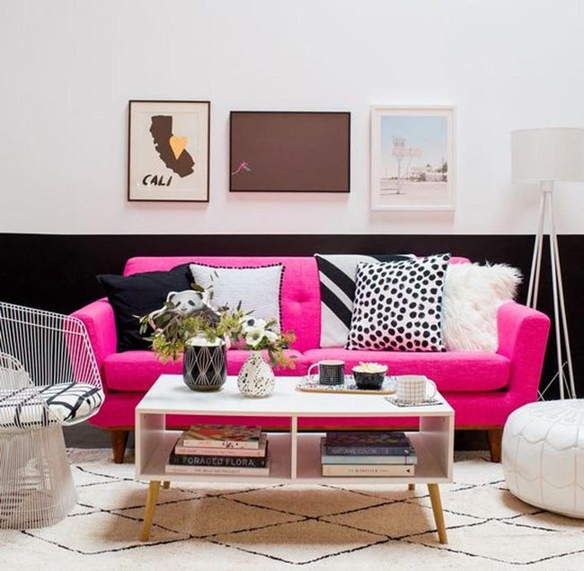 Pink Statement Sofa Meets Monochrome Walls