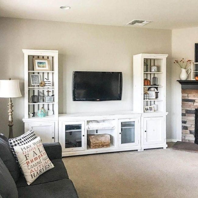 Open Shelving With Stone Fireplace