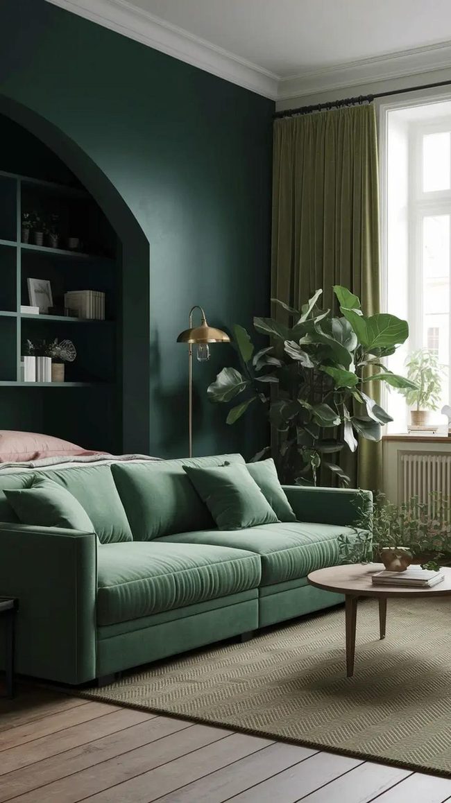 Deep Green Walls Define Dual-Zone Living